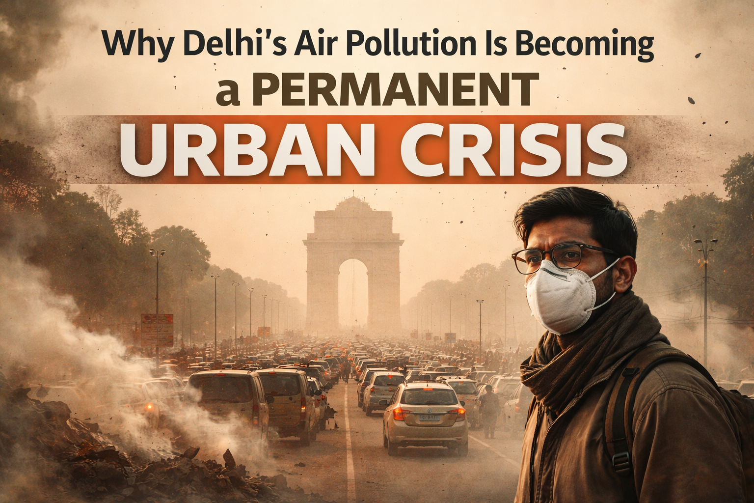 Delhi air pollution showing smog and traffic near India Gate